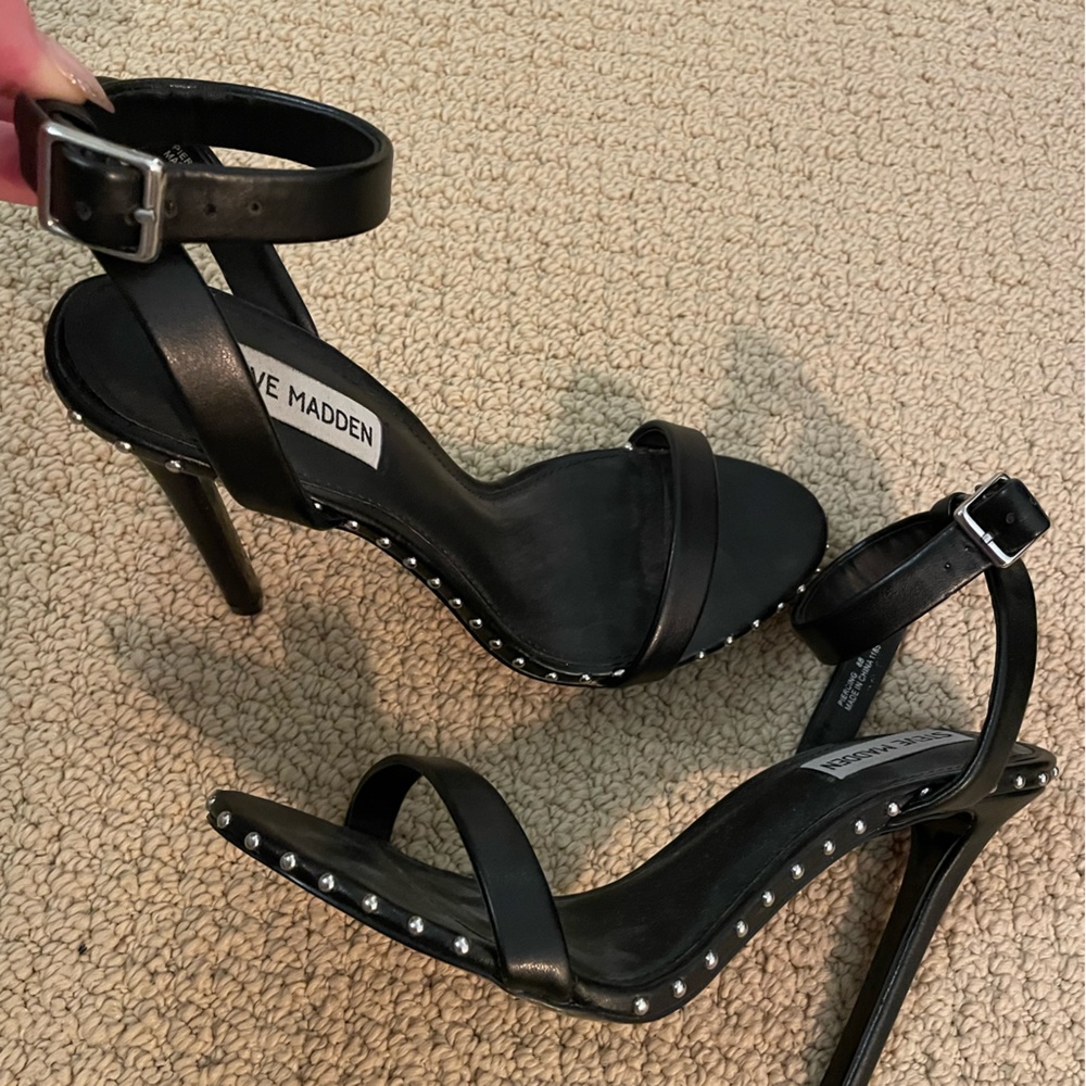 Black ankle wrap stilettos by Steve Madden